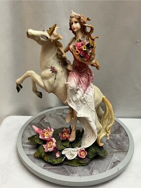 Fantasy Fairy Riding Unicorn Figurine Pink Floral Resin Statue Home Decor